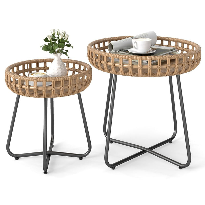 Ensemble Coast de 2 tables basses rondes - Rotin tressé à la main - Piètement en métal - Marron et noir