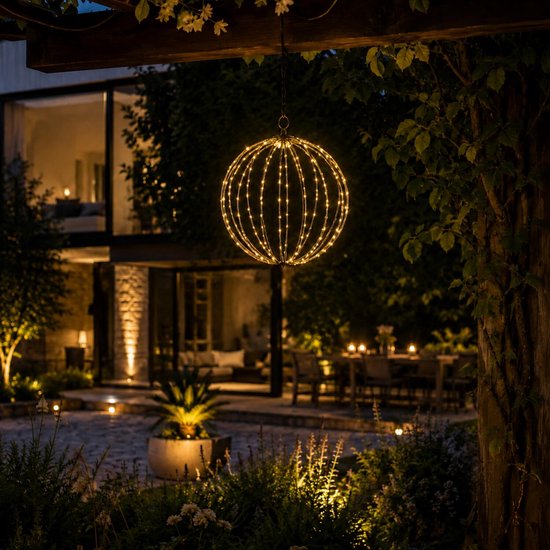 Globe lumineux - D50 cm - 320 LED - blanc chaud - avec minuterie - cadre noir - éclairage