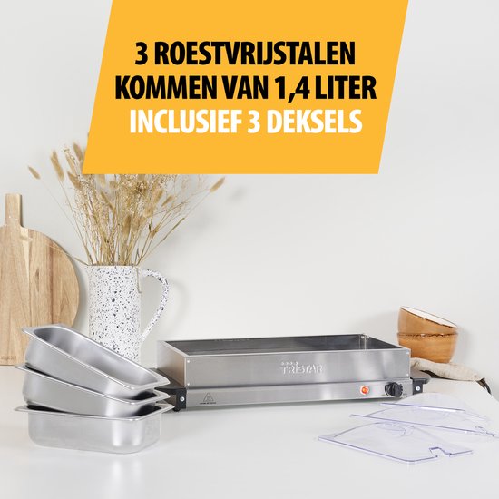 Tristar BP-6283 - Réchauffeur de buffet 200 W - Chafing dish - 3 x 1,4 litre - Avec couvercle - Acier inoxydable