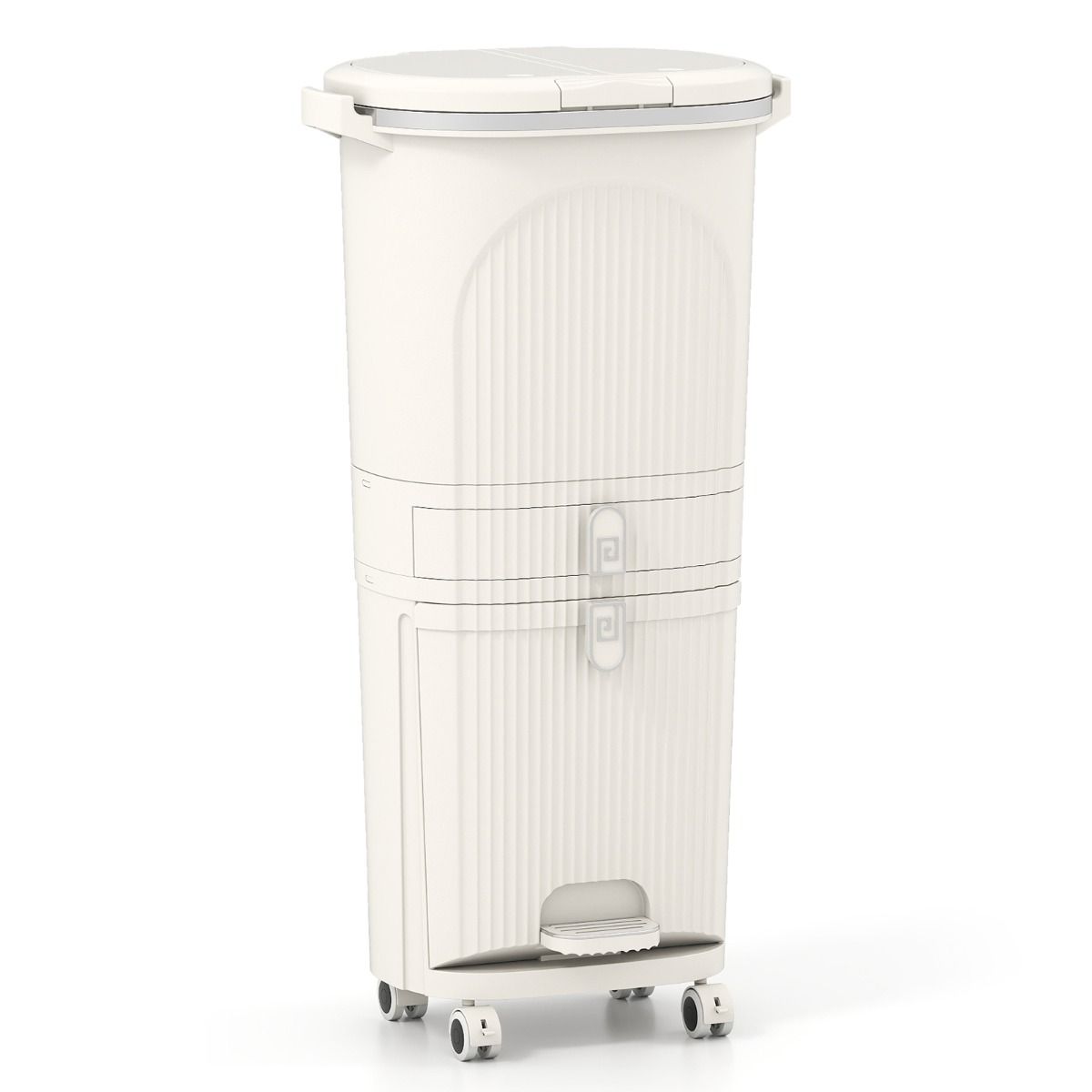 Poubelle de cuisine Coast - Tri sélectif à 3 compartiments - pédale et roulettes - beige/blanc - 42 litres