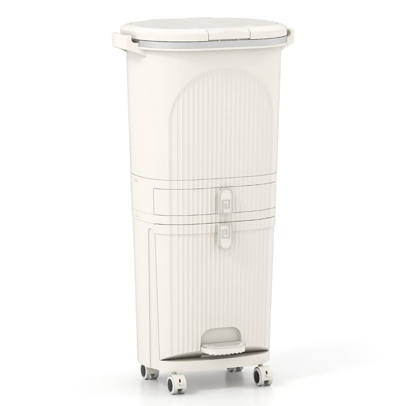 Poubelle de cuisine Coast - Tri sélectif à 3 compartiments - pédale et roulettes - beige/blanc - 42 litres