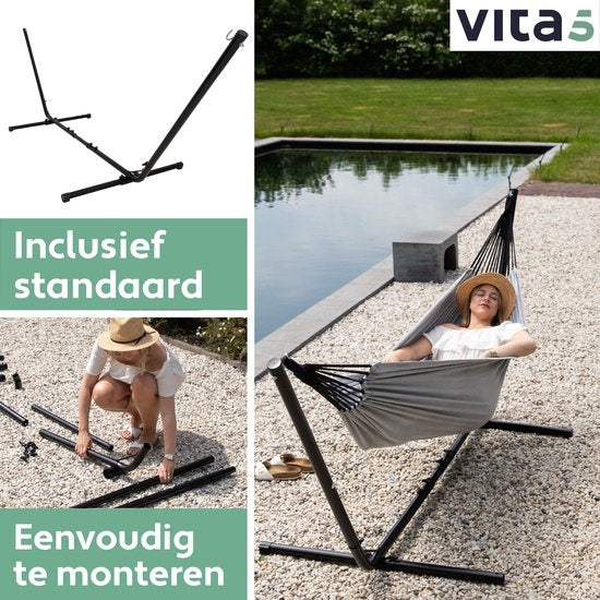 Vita5 Hamac avec support - 2 personnes - longueur réglable - sac de transport inclus - poids 205 kg - gris