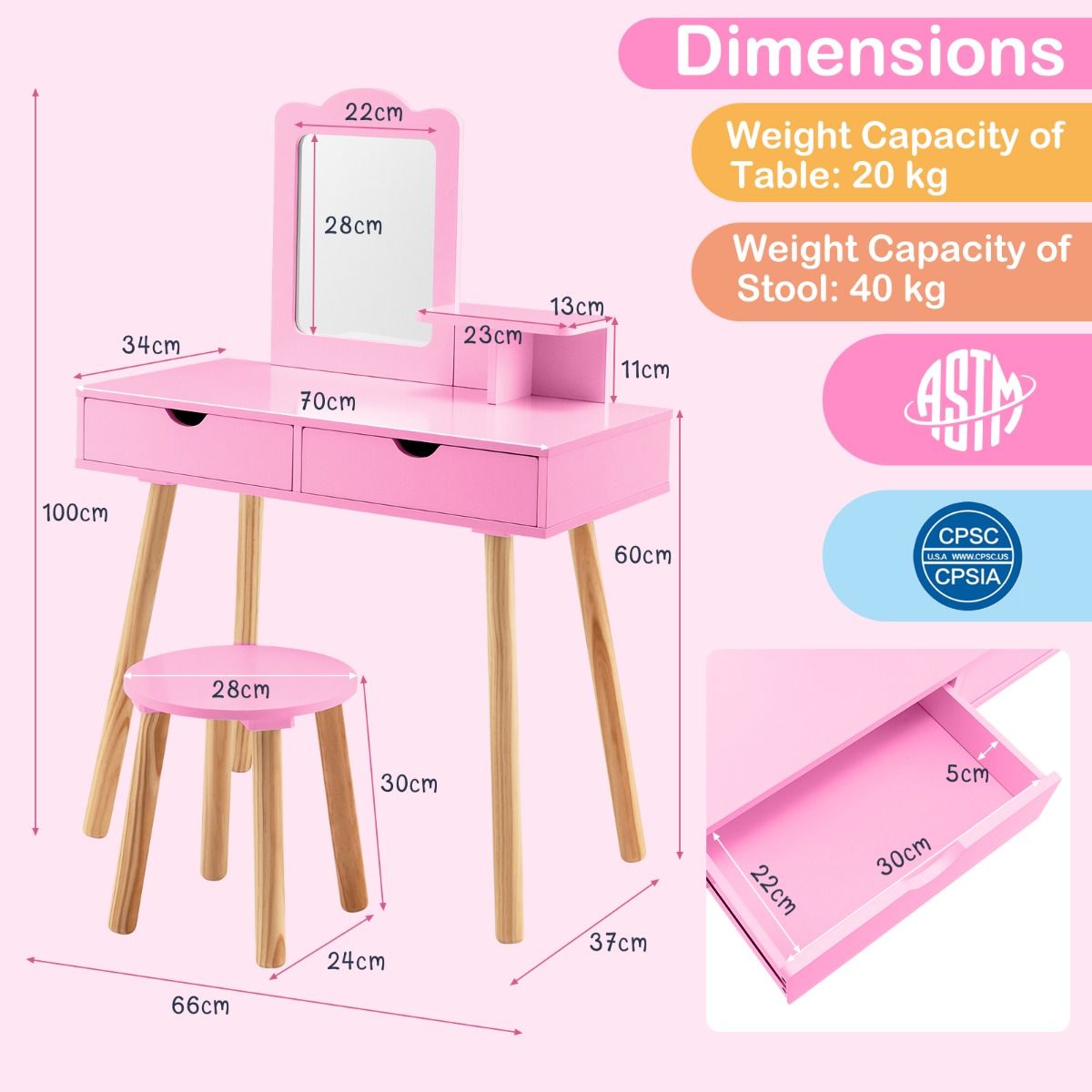 Coast Coiffeuse pour enfants - 2-en-1 avec miroir amovible - deux tiroirs et un tabouret en bois - rose