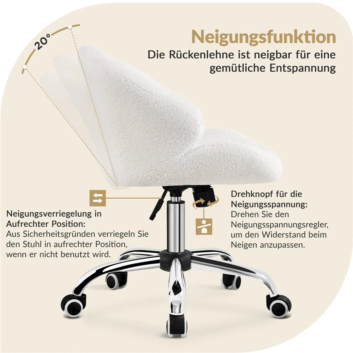 Yaheetech : élégante chaise pivotante au design en coquille, 76,5-86 cm – Blanc neige – Polyester et métal
