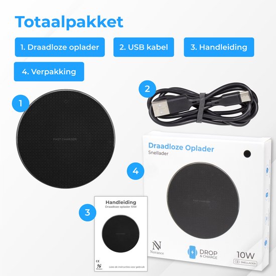 Nuvance Wireless Charger 10W - Câble inclus - Chargeur sans fil - Chargeur rapide - Convient à tous les smartphones rechargeables sans fil