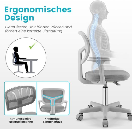 Chaise de bureau pivotante à 360° Coast pour enfants - 80-91,5 cm - pour les enfants de 3 à 10 ans - grise