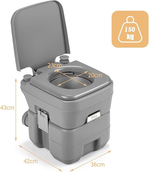 Toilettes de camping portables Goplus 20 L + 10 L – HDPE – Système de chasse d'eau – Jusqu'à 200 kg – Gris