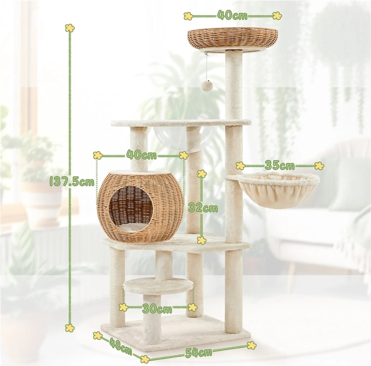 Yaheetech : Arbre à chat avec panier en rotin - 137,5 cm de haut - 54 x 48 cm - Beige