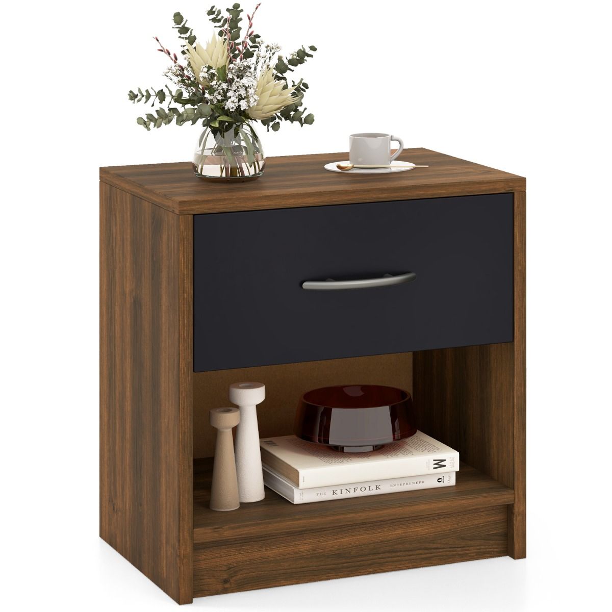 Table de chevet Coast - avec tiroir et étagère ouverte - design compact - marron et noir - 38,5 x 28 x 40,5 cm