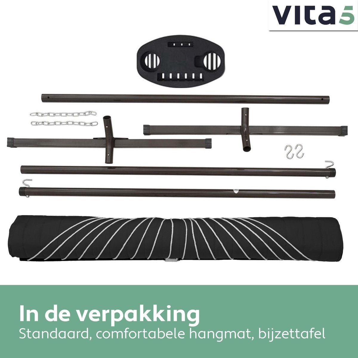 Vita5 Hangmat met Standaard en Spreidstok – 2 Persoons - Incl. Bekerhouder en Afneembaar kussen – UV-bestendig – Zwart