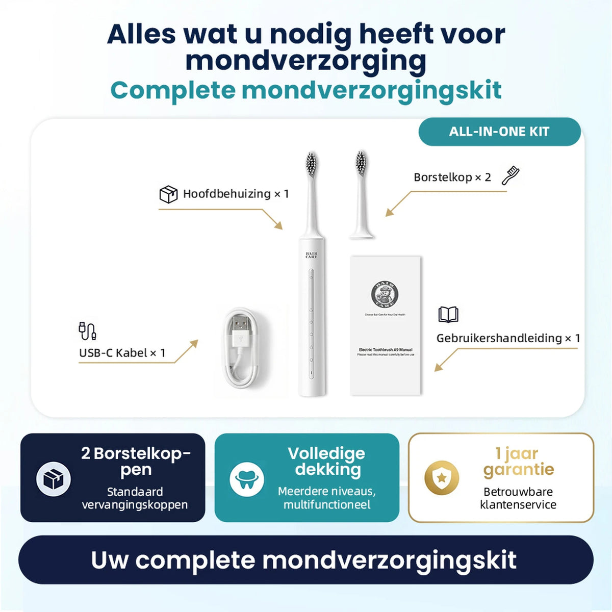 Brosse à dents électrique sonique Bair Care A9 - 5 modes de nettoyage - 3 niveaux d'intensité - Autonomie de 180 jours - Étanche IPX7