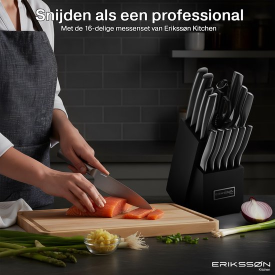 Set de couteaux de cuisine Erikssøn avec bloc de cuisine - 16 pièces - résistant aux rayures - couteaux de cuisine - couteau de chef - couteau à viande - noir