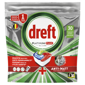 Tablettes pour lave-vaisselle Dreft Platinum Plus All In One – Technologie anti-ternissure – Avec fonction sel et brillant de rinçage