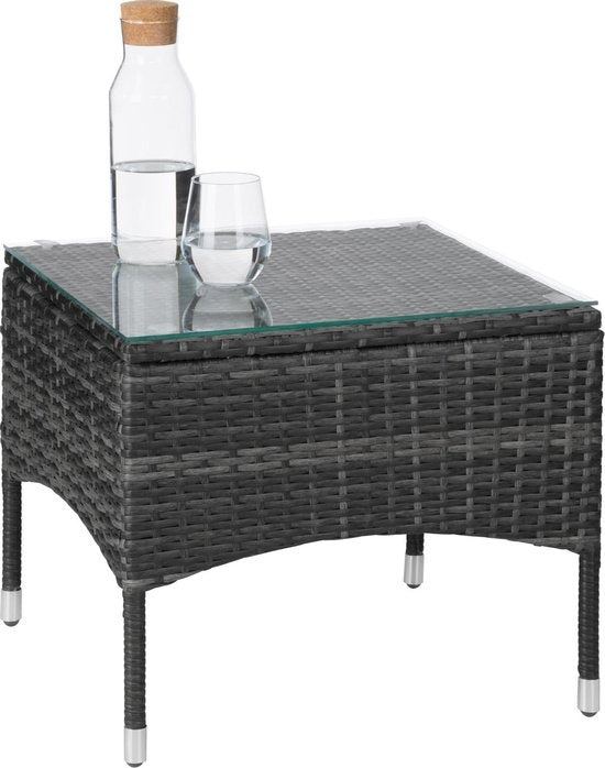 tectake® - set de jardin en osier avec housses interchangeables, 2 chaises et table avec plateau en verre, 2x chaises longues d'extérieur avec accoudoirs et table de jardin, set de jardin, meuble de balcon - - gris - poly-rattan