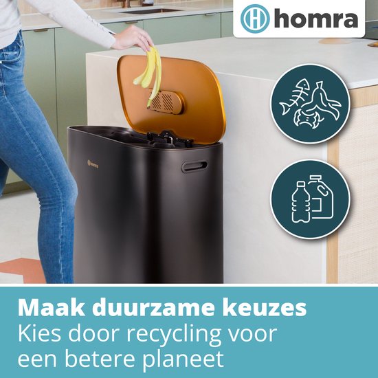 Poubelle Homra Rockx 60 litres - Poubelle à double pédale 2 x 30 L avec filtre anti-odeurs - Poubelle de tri sélectif en acier inoxydable à 2 compartiments - Poubelle de recyclage - Poubelle de cuisine - Poubelle de tri sélectif - Poubelles doubles noir e