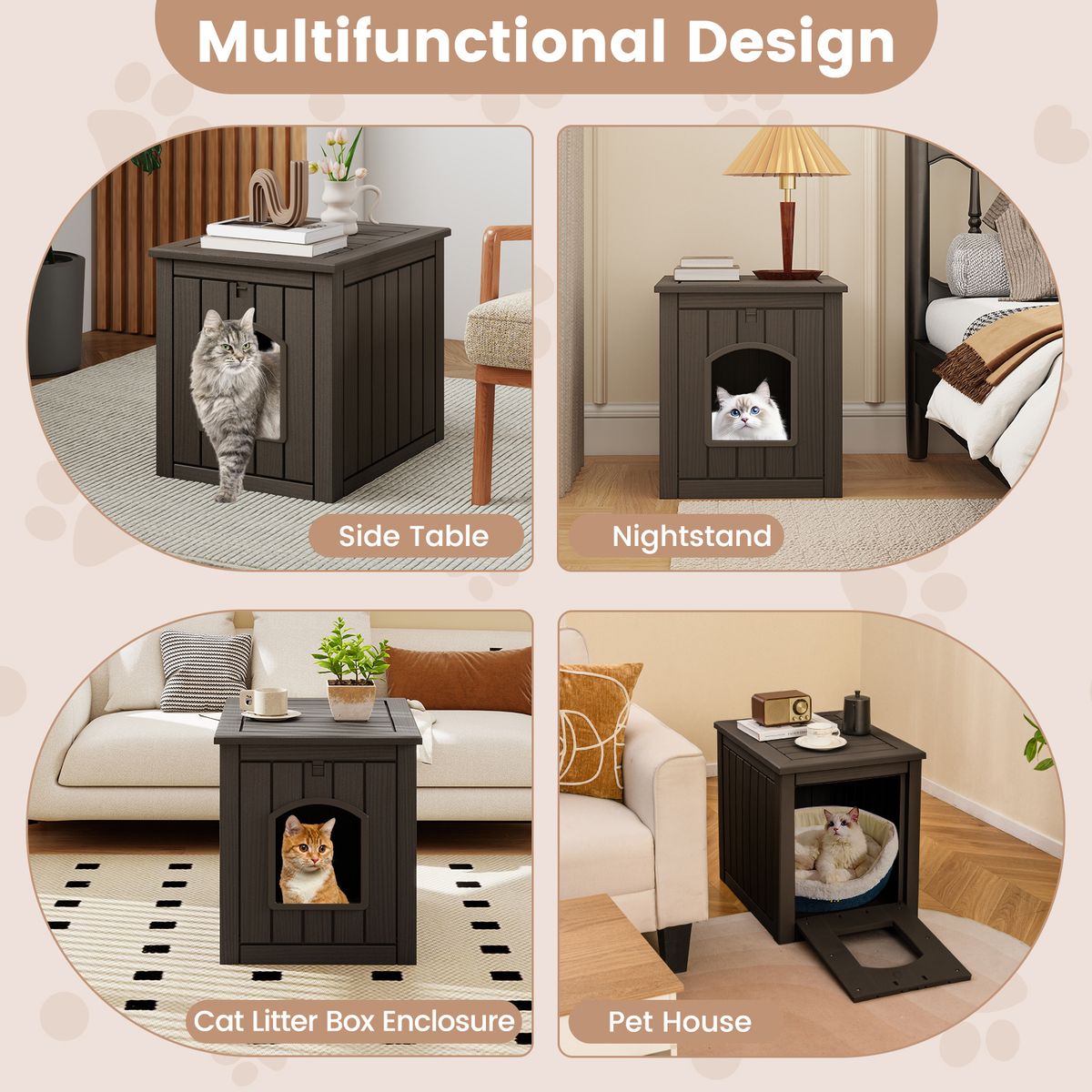 Maison pour chat Coast pour l'intérieur et l'extérieur - Meuble-litière dissimulé - Porte battante à l'avant - Noir et marron clair