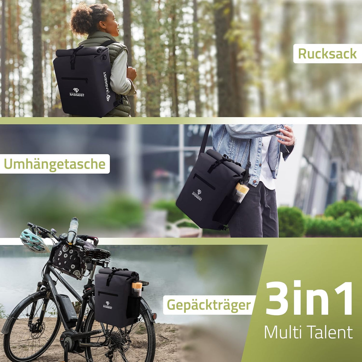 Sac de vélo Radgeist 3-en-1 pour porte-bagages - 25 litres - Imperméable - Avec compartiment pour ordinateur portable - Noir