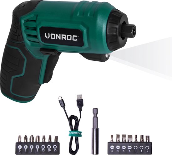 VONROC Tournevis sans fil - 4V - Comprend un jeu d'embouts de 14 pièces, un câble de charge USB-C et une sacoche de rangement.