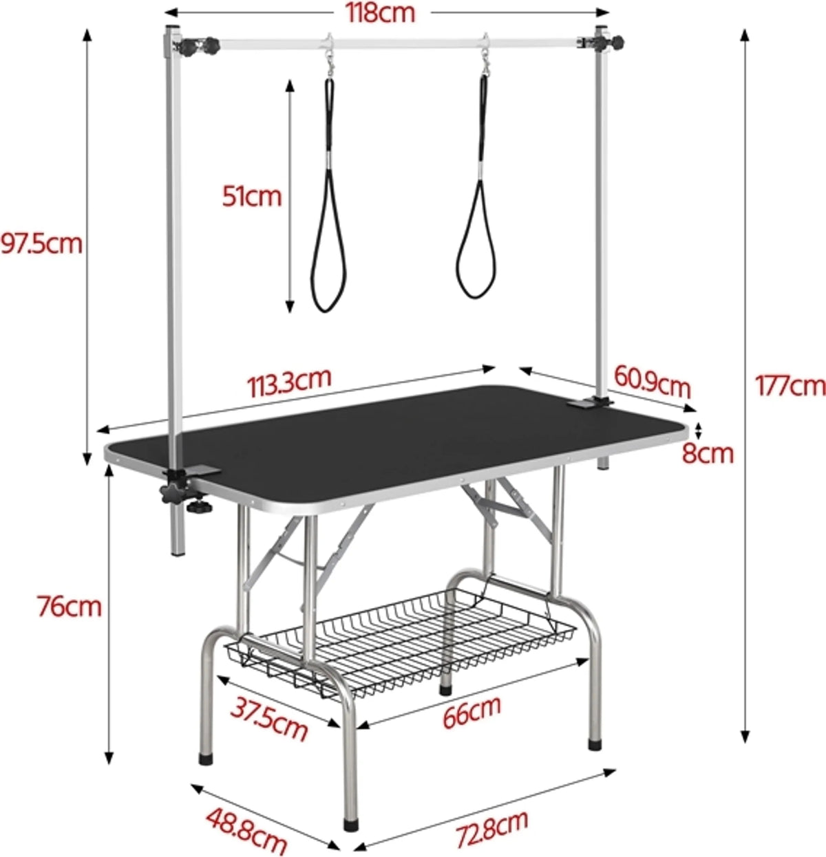 Yaheetech - Table de parage avec double bras de parage - équipée d'un plateau antidérapant, d'un cadre pliable et d'un panier en maille - pour grands chiens et chats - métal noir, cuir synthétique et Mdf - 118 x 60.9 x 177 cm