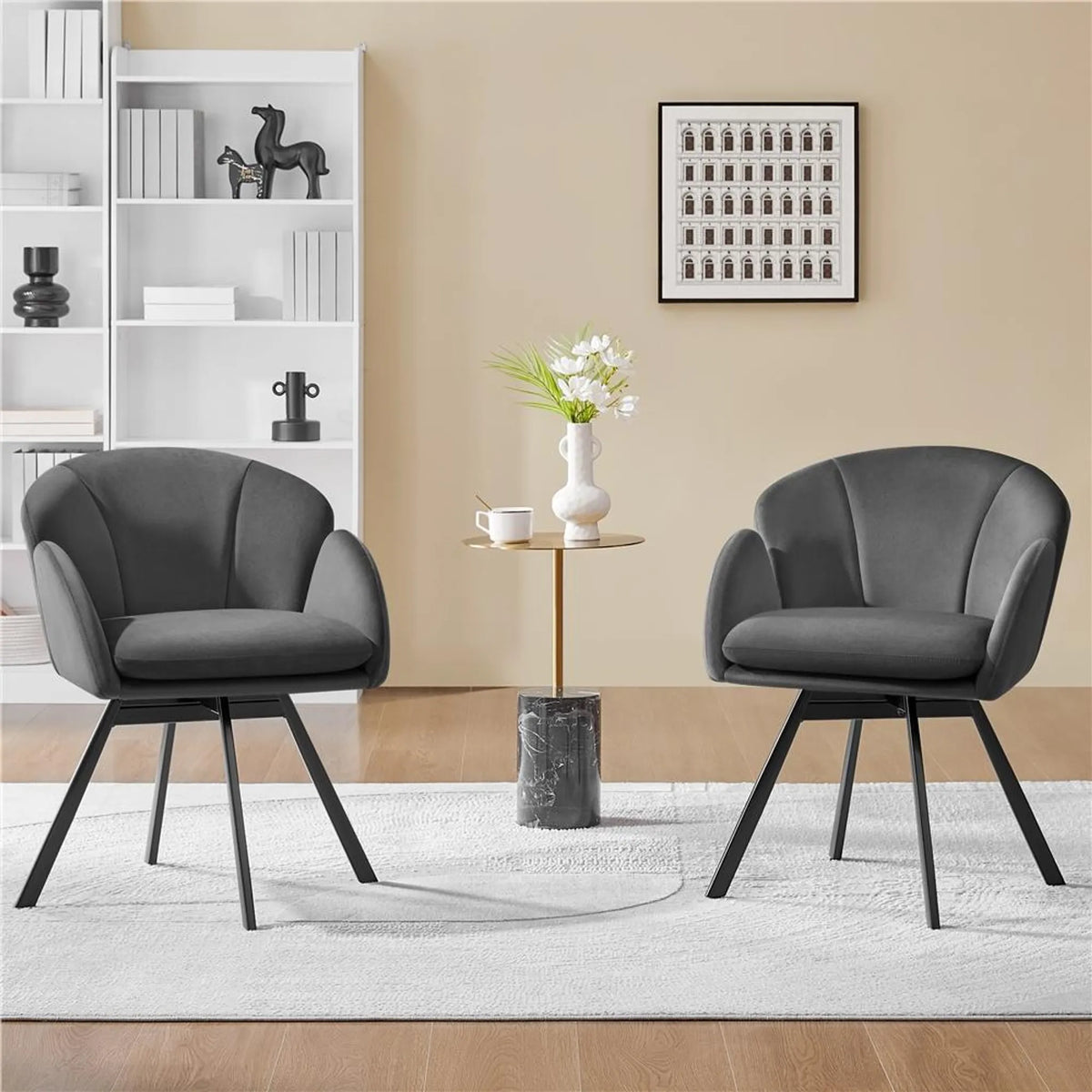 Yaheetech Swivel Chair Floral - Mécanisme de pivotement à 360°, coussin d'assise amovible et base en métal en forme de X - Pour chambre à coucher et bureau à domicile - Bouclé noir et métal - 57 x 61 x 75 cm