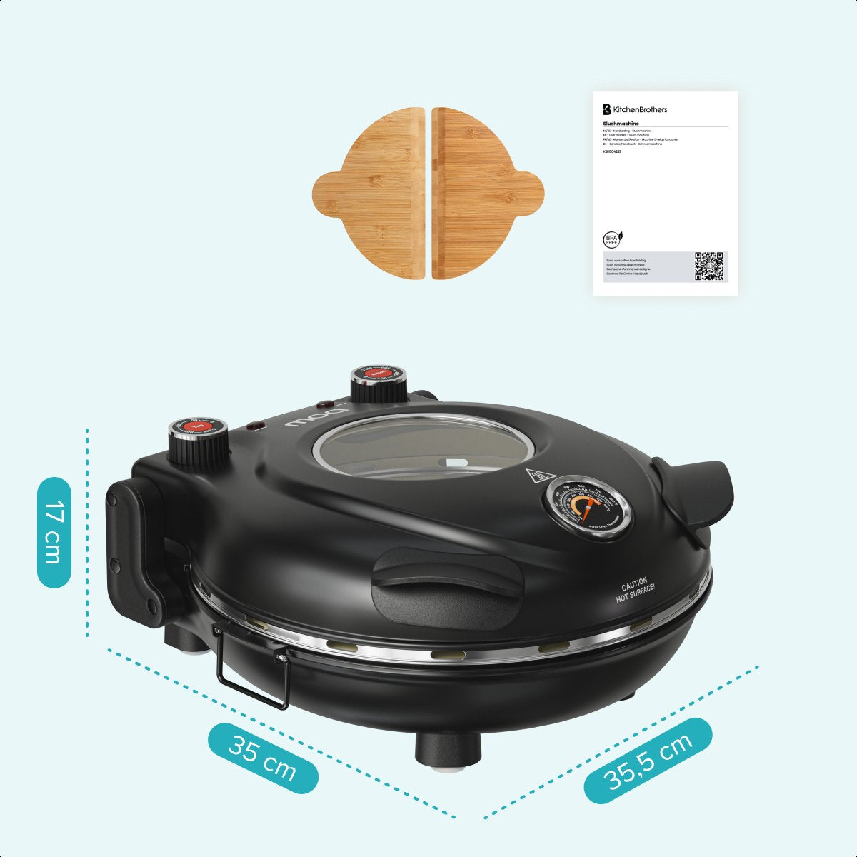 Four à pizza électrique MOA - Jusqu'à 400 °C - Pierre à pizza de 30,5 cm - Chaleur supérieure et inférieure réglable - 2 pelles en bambou incluses - Noir