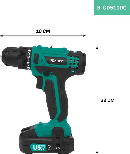 VONROC Perceuse sans fil 20V - 19 positions de vissage + position de perçage - 2 embouts inclus - Batterie 2.0Ah et chargeur rapide inclus
