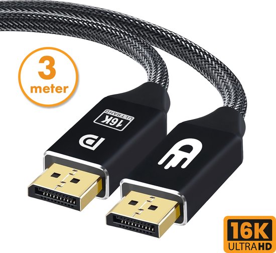 Drivv. Câble Displayport 2.1 - 16K 60Hz 8K 120Hz 4K 144Hz - 80Gbps - Displayport 2.1 - Câble DP - 3 mètres - Noir
