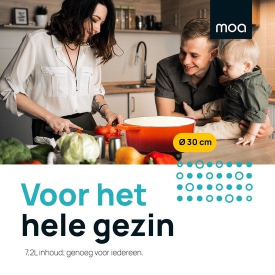 MOA Casserole en fonte - Capacité 7,2 litres - 30CM - Ronde - Toutes sources de chaleur - Egalement pour induction - Poids 7,3 kg - Orange Rouge - C30OR