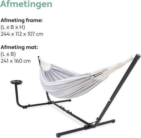 Hamac Vita5 avec support - 2 personnes - Porte-gobelet inclus - 205kg de poids - Bleu/Blanc
