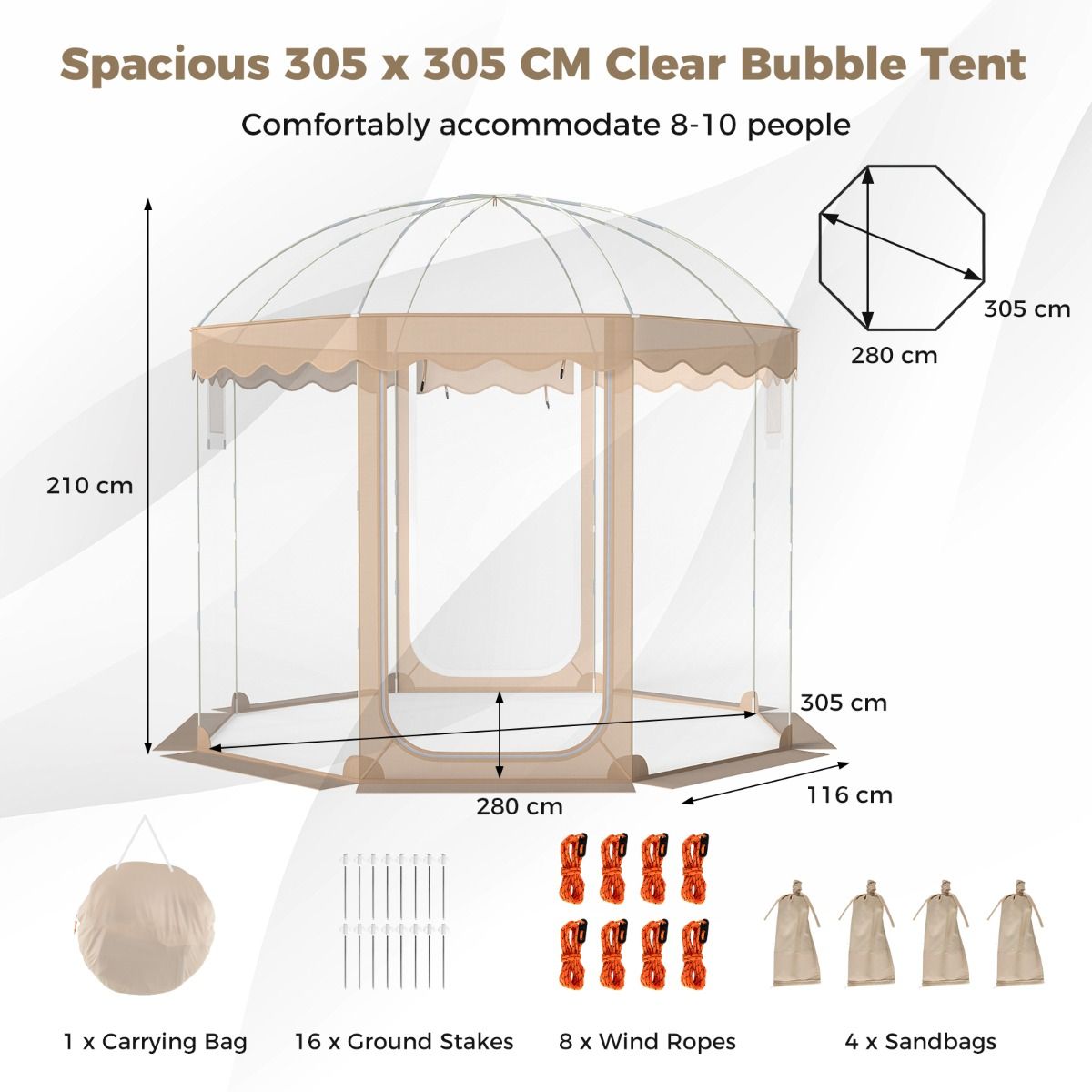 Tente bulle Coast Pop-up - 8 à 10 personnes - vue panoramique à 540° - transparente - 305 x 305 x 210 cm
