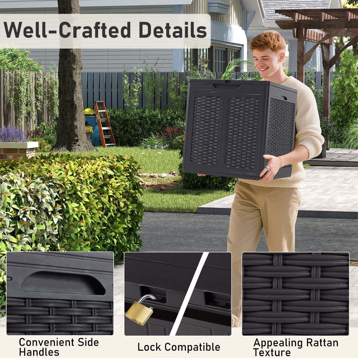 Boîte de rangement Coast avec couvercle - aspect rotin - multifonctionnelle - marron/noir - 145 litres