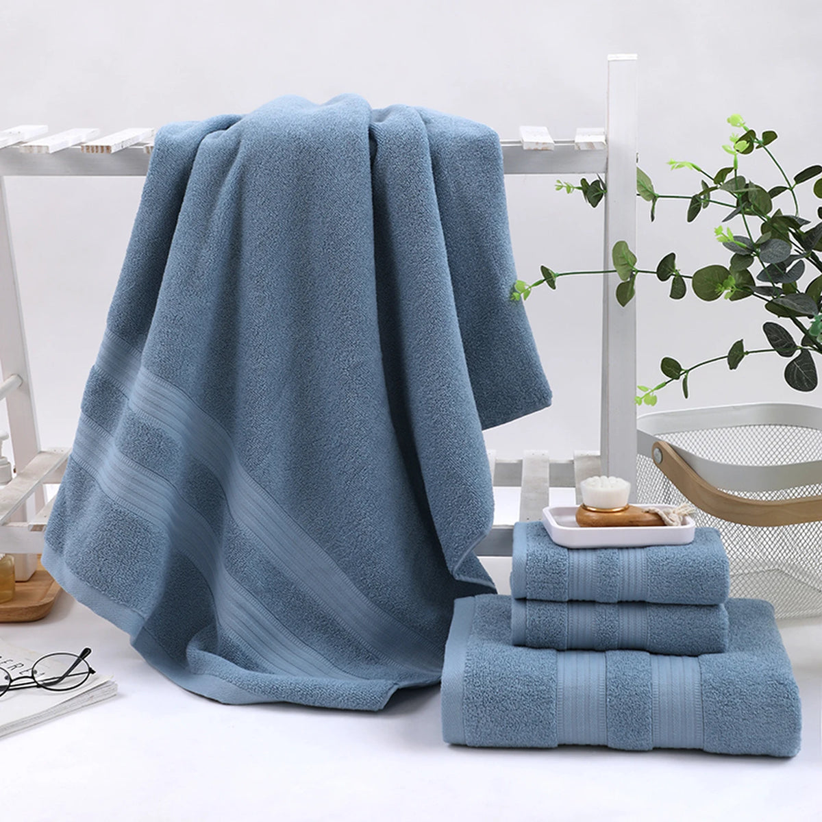Lot de 4 serviettes de bain Tuqiang - Bleu - 100 % coton, fil brossé