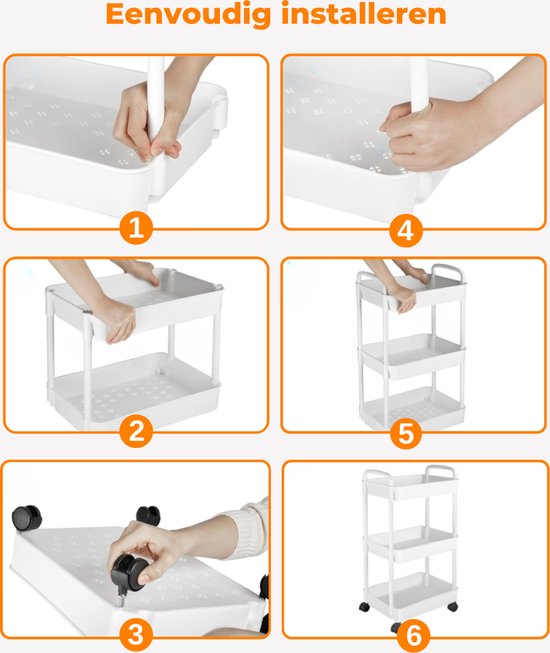 Chariot de cuisine Posity à roulettes – Chariot de service / Chariot de rangement / Étagère de cuisine / Chariot de cuisine – Mobile et fixe – 3 niveaux – Plastique – Blanc