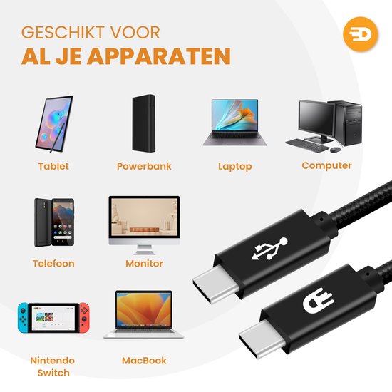 Drivv. Câble USB C vers USB C 3.2 - Chargeur rapide 100w - 3 mètres - 4K 60Hz - 20 Go - Convient à Samsung, Macbook, iPhone 15 et autres - Câble en nylon - Noir