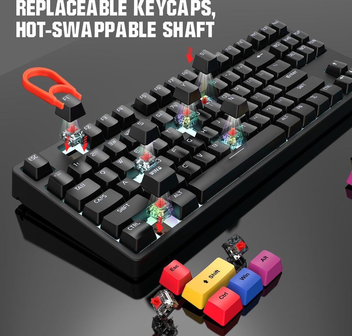 HXSJ L600 Clavier de jeu mécanique filaire - QWERTY - 87 touches - Interrupteur rouge - Noir