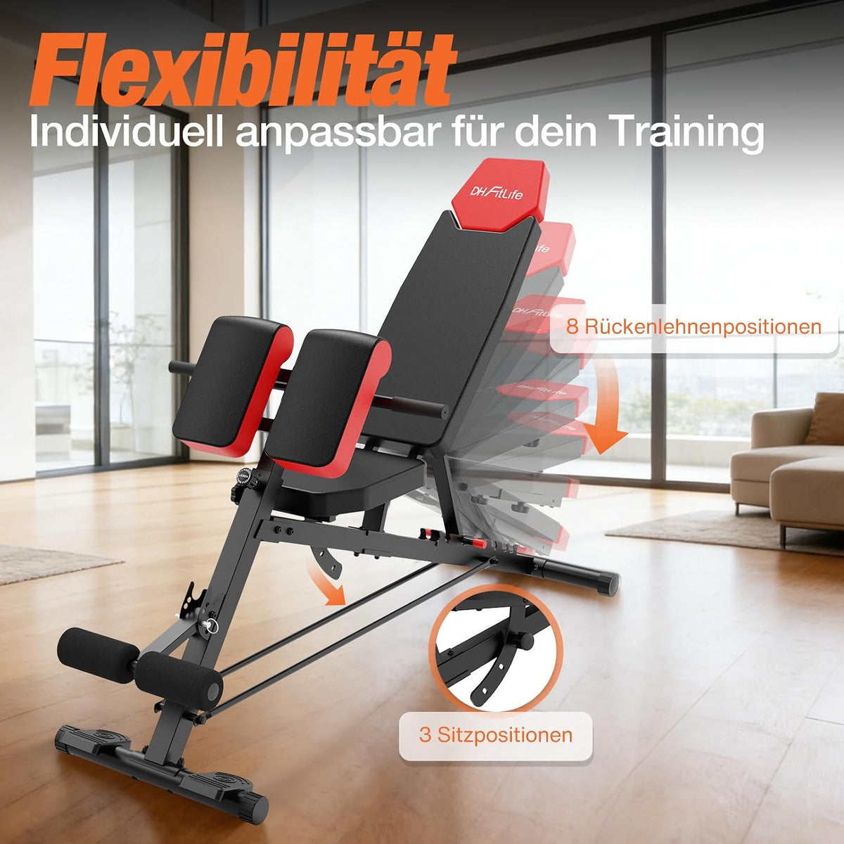 Banc de musculation DH FitLife 6-en-1 - Dossier réglable - Hyperextension et Nordic Curl - Jusqu'à 350 kg - 163 x 50 x 130 cm - Noir