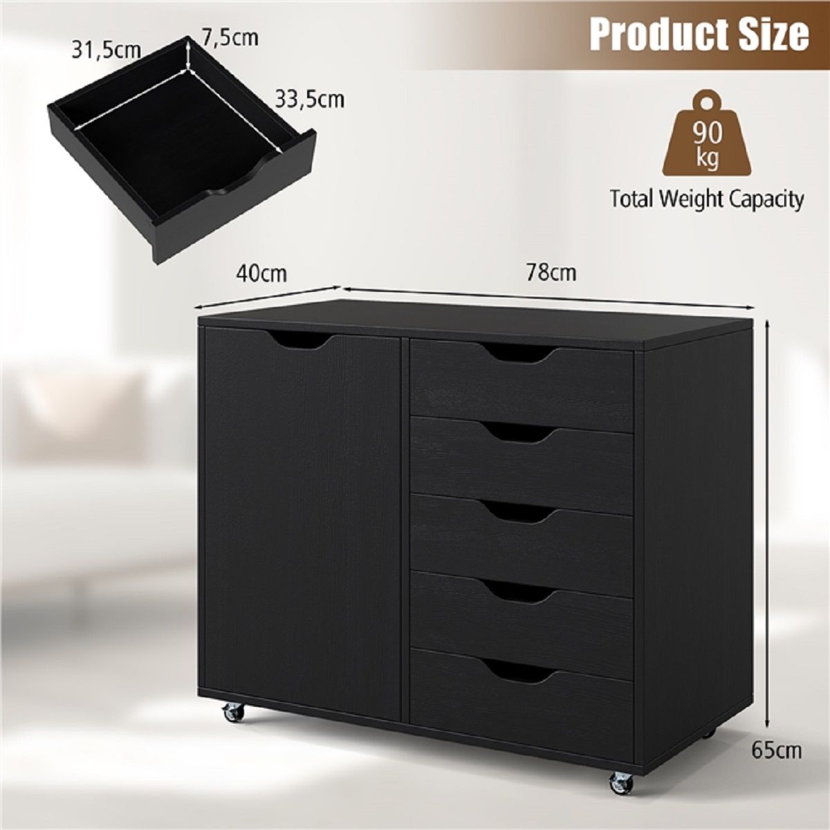 Coast : caisson à roulettes à 5 tiroirs - Armoire à porte - Plan de travail - Noir - 79 x 39 x 65 cm