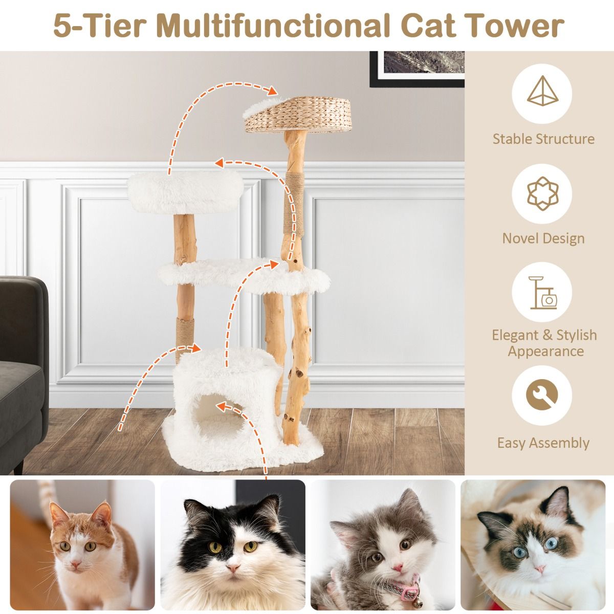 Arbre à chat Coast - Bois massif et jute - 5 niveaux - Naturel et blanc - 124 cm