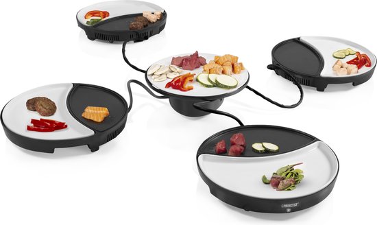 Princess Dinner4All 103080 - Set gastronomique - Gril et plaque de cuisson - Cordon d'alimentation extra-long de 2 mètres - 4 personnes - Lavable au lave-vaisselle - Sans PFAS - Kit d'extension disponible