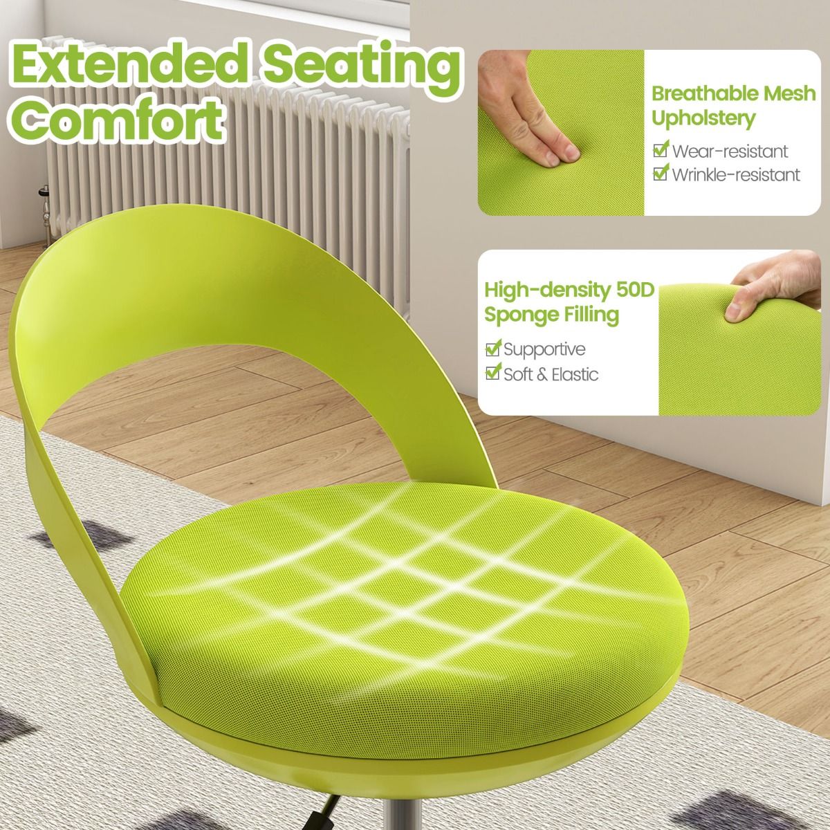 Chaise de travail réglable Coast avec roulettes - Tabouret pivotant ergonomique - Assise en similicuir - Vert