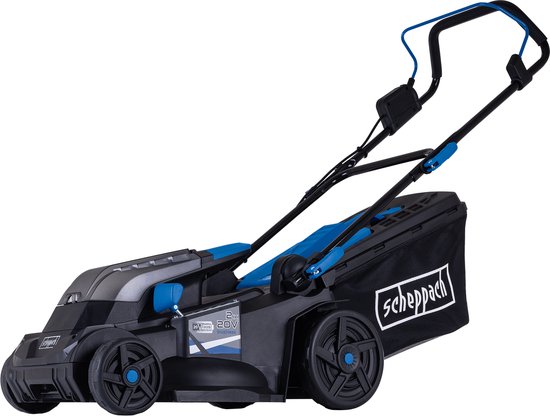 Tondeuse à gazon sans fil Scheppach BC-MP380-X - 2x20 V - Fonction mulching - Largeur de coupe de 38 cm - 6 hauteurs de coupe réglables : 27-75 mm - Pour les jardins jusqu'à 500 m² - Bac de ramassage de 45 L -