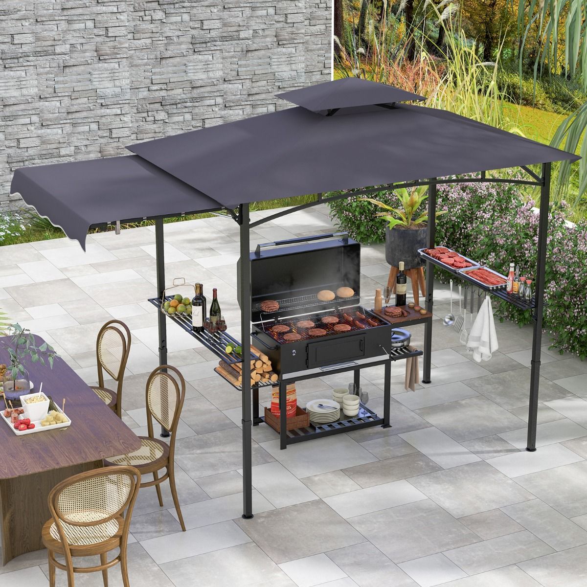 Pavillon Coast Grill avec auvent latéral et double toit 318 x 153 x 250 cm Gris foncé - Tablettes latérales et crochets inclus