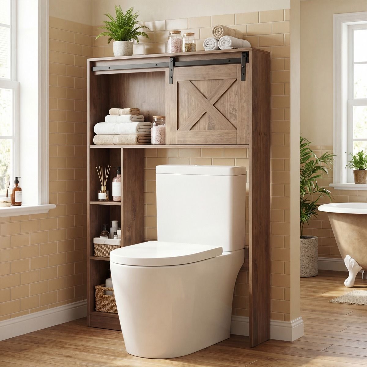 Meuble de salle de bains Coast avec porte coulissante - meuble de salle de bains indépendant - bois et MDF - marron foncé - 84 x 17 x 128 cm