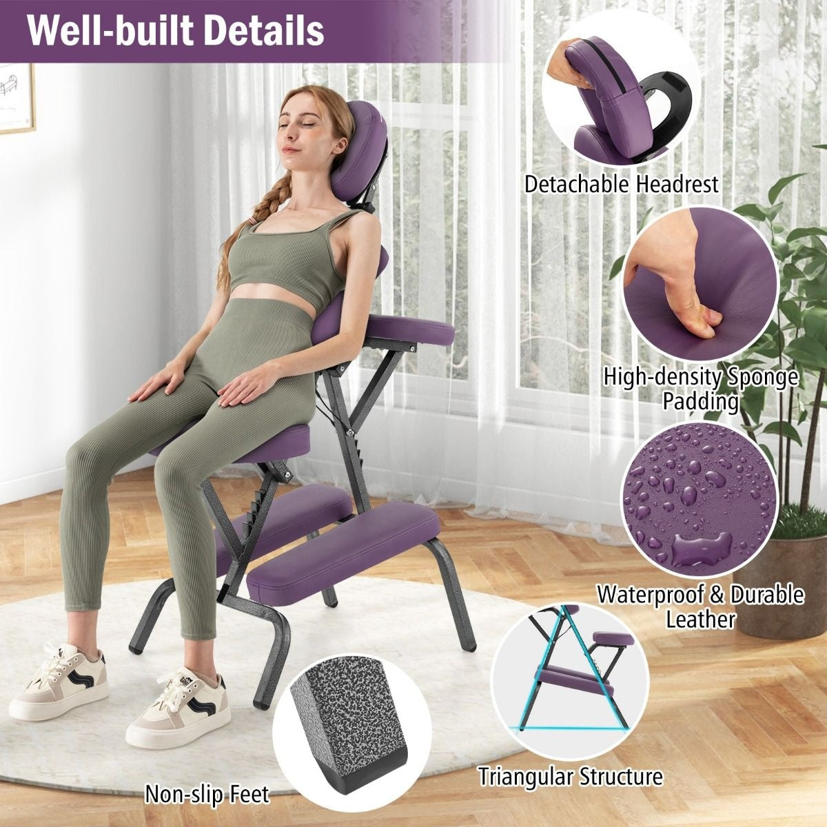 Fauteuil de massage Coast - Pliable - Avec mallette de transport - Max 150 kg - 48 x 55 x 120 cm - Violet