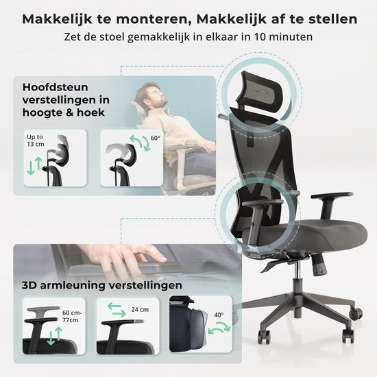 Backerz® Ergonomic Office Chair for Adults Fully Adjustable - NEN-EN1335 certified up to 150kg - Office Chair - Game Chair - Motion Mesh, Black