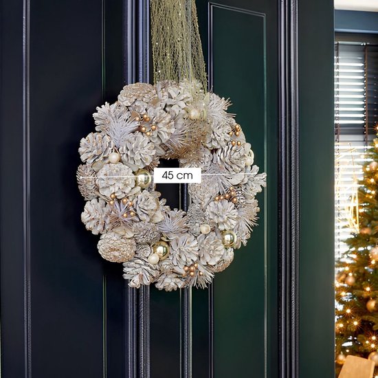 Mica Decorations : couronne de Noël Hanley H9 x Ø45 cm - Couronne de porte avec pommes de pin - Couronne de Noël pour porte et table - Décoration de Noël polyvalente - Blanche