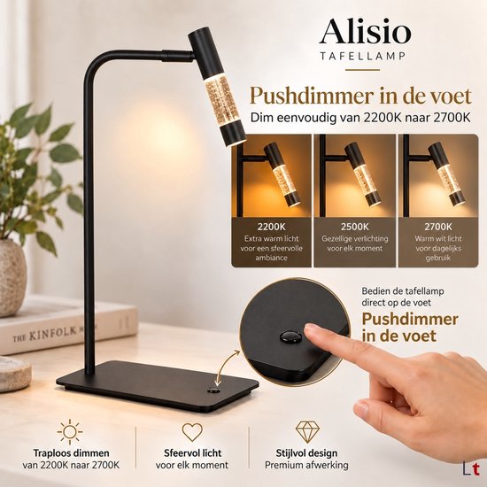 Lampe de table Alisio 4593ZW noire avec verre soufflé à la main, intensité réglable, hauteur 47 cm, luminaire design Steinhauer
