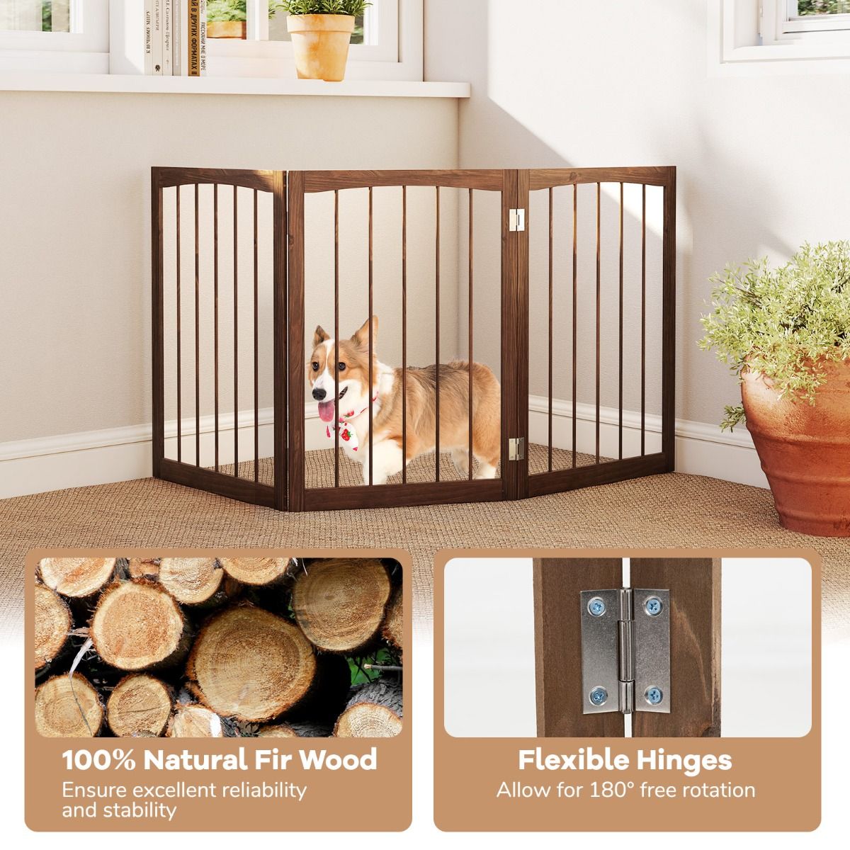 Barrière de sécurité pour chiens Coast - Barrière de protection pliable en 3 parties - autonome - marron 159 x 76 cm