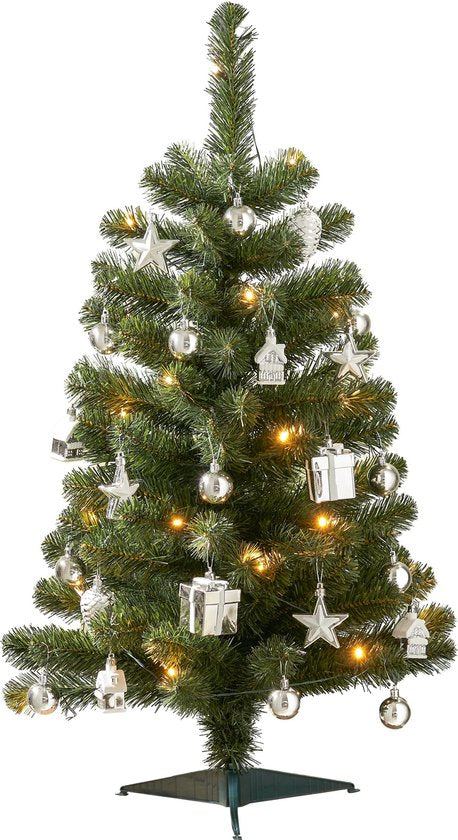 Sapin de Noël artificiel « Joy » de Black Box Trees - Avec 26 décorations et un éclairage LED - H 90 x Ø 50 cm - Vert et argent