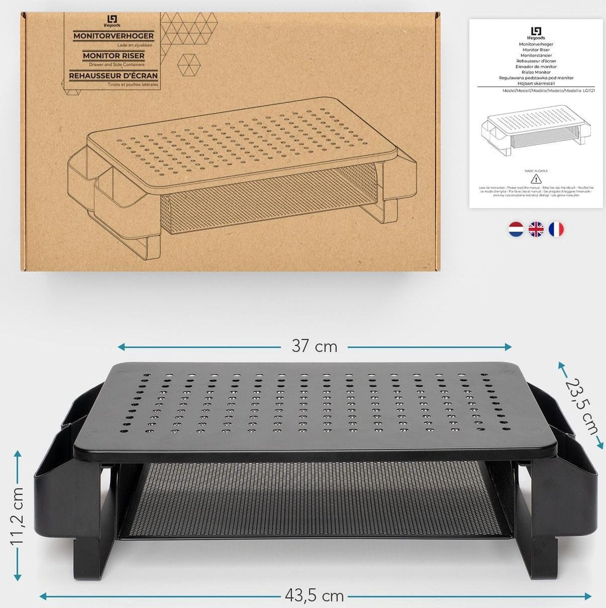 Support de moniteur Réglable - LifeGoods - Réglable - 37 x 23,5 x 10 cm - Métal - Noir